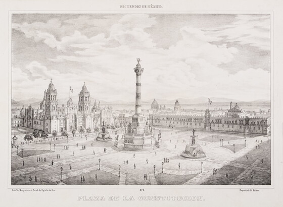 A black-and-white print of a plaza with a large column surrounded by several fountains, a cathedral, and other buildings, and pedestrians milling about.