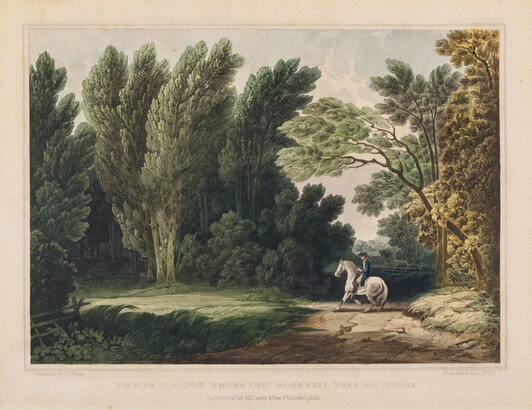 A color print of man on a white horse on a dirt road surrounded by tall green trees.