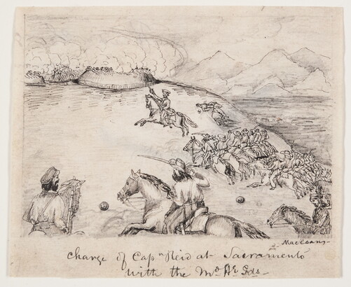 A black-and-white drawing of a group of soldiers, many holding swords, riding into battle on horseback.