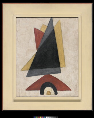 A painting of three layered triangles in blue, red, and yellow above a smaller red triangle that together suggest a sailboat.