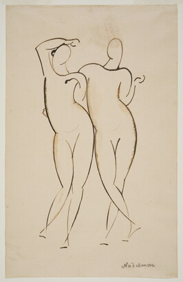 A black-and-white line drawing of two nude figures standing with their arms entwined.