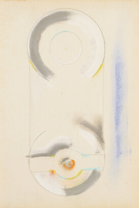 An abstract drawing of two vertically oriented gray and white plate-like shapes with yellow accents and a swath of blue to the right.