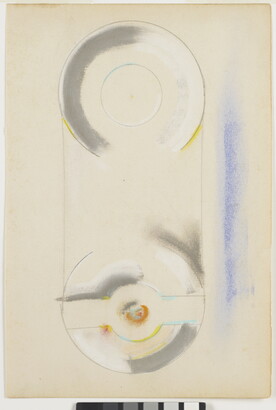 An abstract drawing of two vertically oriented gray and white plate-like shapes with yellow accents and a swath of blue to the right.