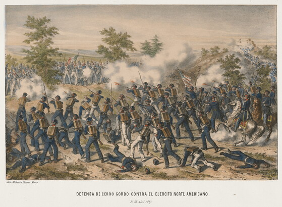 A color print of two armies of foot soldiers, one in blue uniforms and the other in white, shooting at each other in an open field.