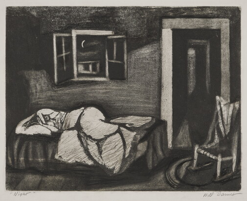 A black-and-white print of a white figure sleeping in a bed beneath an open window revealing a crescent moon. 