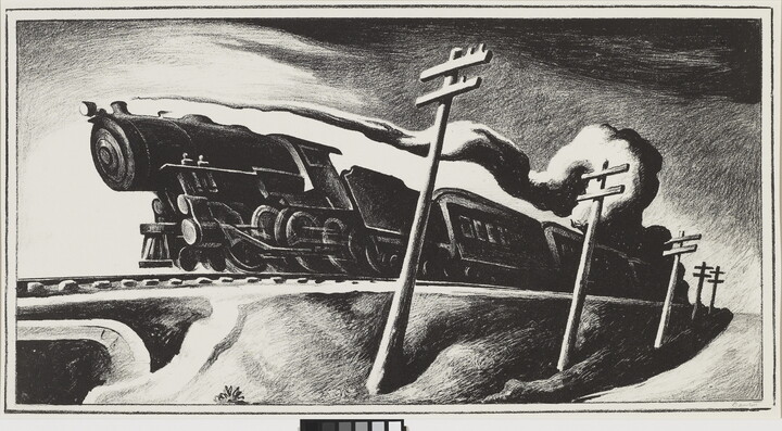 A black-and-white print of a train speeding down the tracks past electrical poles.