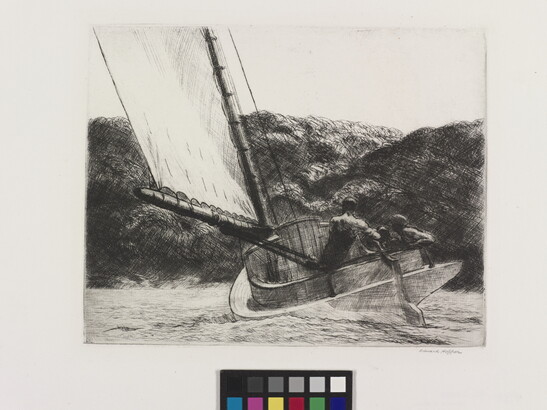 A black-and-white print of people on a sailboat in choppy waters near a rocky outcropping.