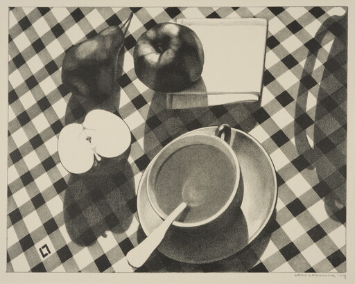 A black-and-white print of a cup of coffee, a pear, an apple, a napkin, and half of an apple on a checkered tablecloth.