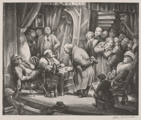 A black-and-white print of a group of White men on a stage gathered around a man speaking to another who is seated behind a desk.