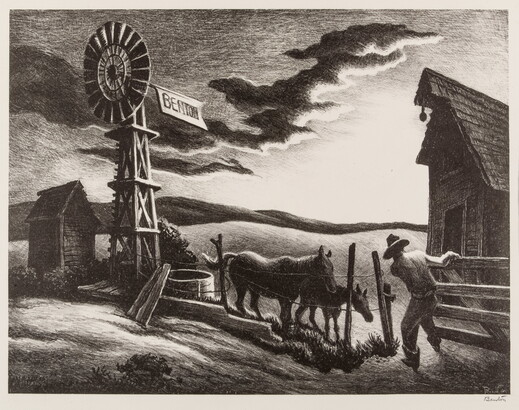 A black-and-white print of a farmer either closing or opening a gate to a corral with two horses next to a windmill under a dark and cloudy sky.