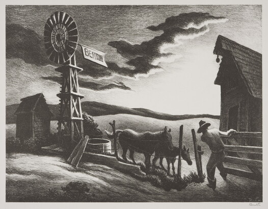 A black-and-white print of a farmer either closing or opening a gate to a corral with two horses next to a windmill under a dark and cloudy sky.