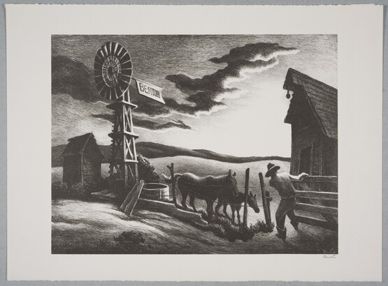 A black-and-white print of a farmer either closing or opening a gate to a corral with two horses next to a windmill under a dark and cloudy sky.