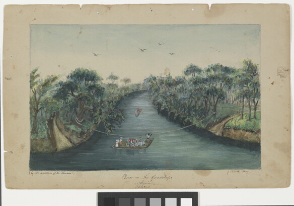 A watercolor of a river crossing where multiple people and a stagecoach are being ferried across the water.