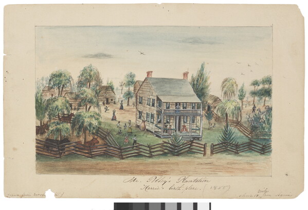 A watercolor of a multi-story home and multiple cabins surrounded by a zig-zag split rail fence with people going about daily tasks in the yard.