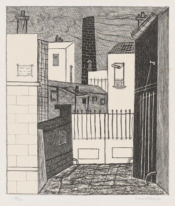 A black-and-white print of a cityscape featuring several buildings seen from a street. 