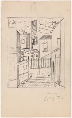 A black-and-white pencil sketch of a cityscape featuring several buildings seen from a street. 