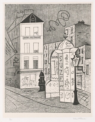 A black-and-white print of a Parisian cityscape, including buildings, a postbox, and a streetlamp. 