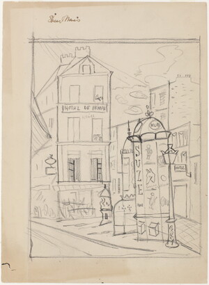 A black-and-white pencil sketch of a Parisian cityscape, including buildings, a postbox, and a streetlamp. 