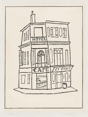 A black-and-white print of a simply-drawn corner hotel façade, with the words &quot;hotel&quot; and &quot;cafe&quot; written above the entry. 