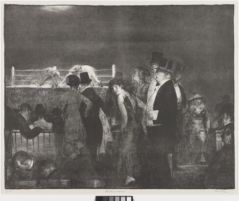 A black-and-white print of a group of nicely dressed people watching a boxing match.