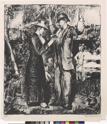 A black-and-white print of a woman buttoning up or affixing something to the jacket of a soldier who stands with his hands raised.