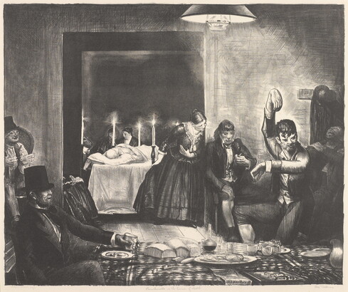 A black-and-white print of a group of seated figures in a room with a spread of food on a table, while in the room behind them people pray around a person laying on a bed lit by candles.