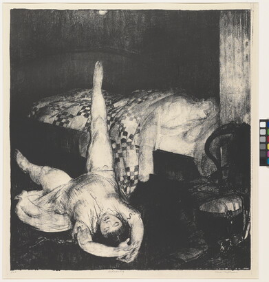 A black-and-white print of a figure in a bed tucked under a quilt and a female figure lying on the floor with one leg propped up on the bed.