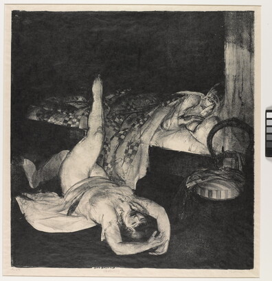 A black-and-white print of a figure in a bed tucked under a quilt and a female figure lying on the floor with one leg propped up on the bed.
