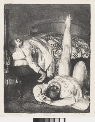 A black-and-white print of a figure in a bed tucked under a quilt and a female figure lying on the floor with one leg propped up on the bed.
