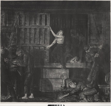 A black-and-white print of people, mostly in shadows, emerging from a dark boxcar as, in front of the boxcar, an officer holds down a person on the ground with his boot and a rifle.