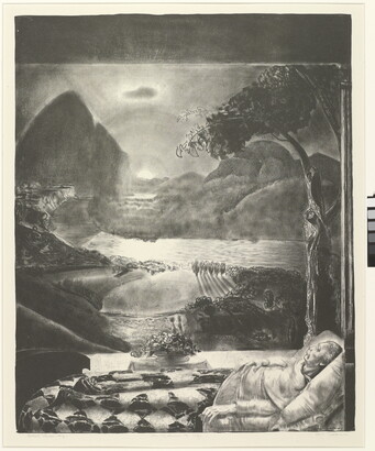 A black-and-white print of elderly man in bed in the foreground looking toward an expansive, idyllic nature scene of a river and the sun peeking from behind the hills.