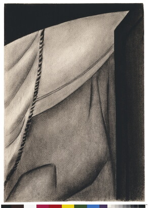 A charcoal drawing of soft white fabric seen through an open door with a curved lintel.
