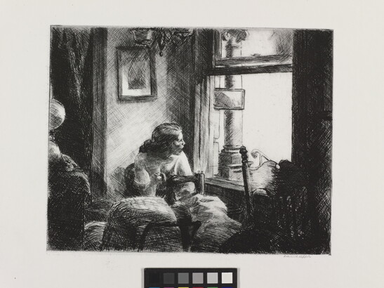 A black-and-white etching of a woman sitting at a sewing machine, looking out a window.