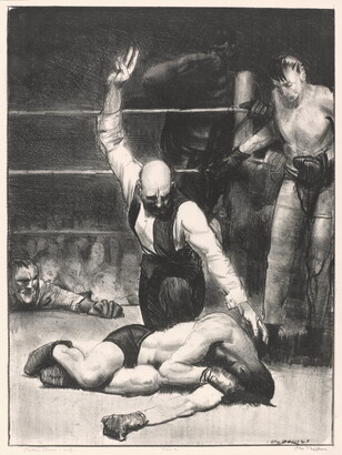 A black-and-white print of a referee kneeling over a boxer counting down with the opponent and coaches in the background.