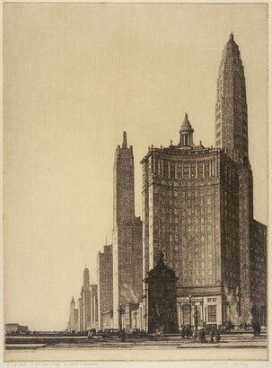 A black-and-white print of city skyscrapers and architecture as seen from an ant&#039;s-eye view.