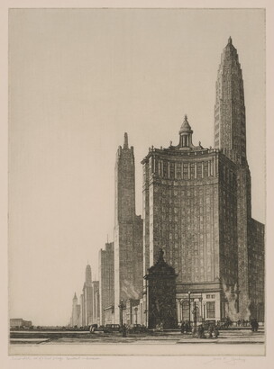 A black-and-white print of city skyscrapers and architecture as seen from an ant's-eye view.