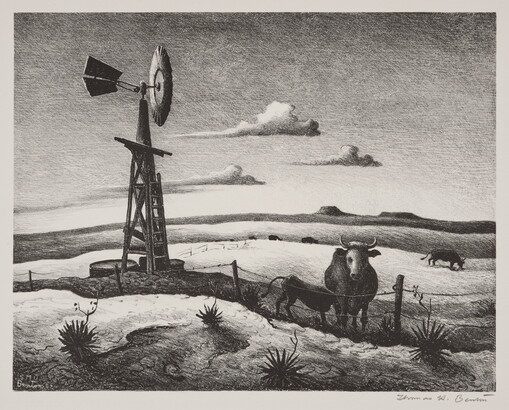 A black-and-white print of a field of grazing cows, one stands just inside a fence next to a windmill.