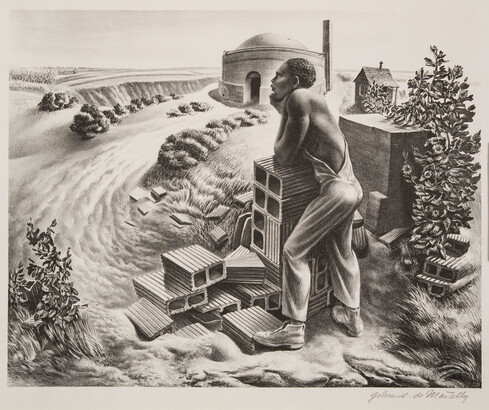 A black-and-white print of a Black man in overalls leaning on a pile of cinder blocks, staring off into grassy landscape with a domed building in the distance.