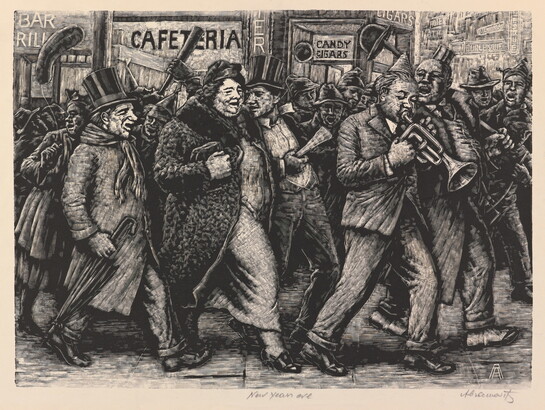 A sepia-toned print of a crowded sidewalk filled with people, most dressed in winter clothing, walking, talking, and playing instruments.