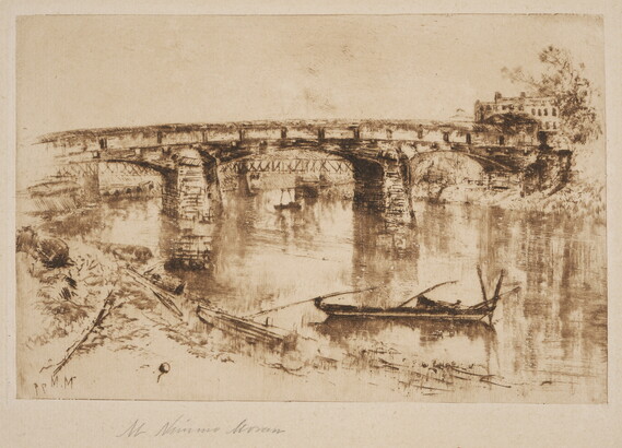 A print of a bridge over a river with small boats in the water and a building on the far end of the bridge.
