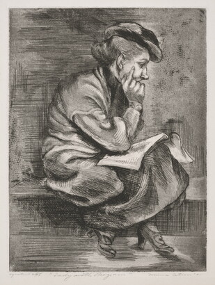 A black-and-white print of a White woman sitting on a ledge or bench resting her head in the palm of one hand, an open booklet on her lap.