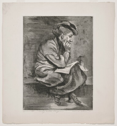 A black-and-white print of a White woman sitting on a ledge or bench resting her head in the palm of one hand, an open booklet on her lap.