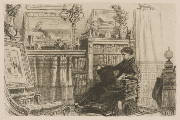 A black-and-white print of a young White woman seated in a home library reading a book.