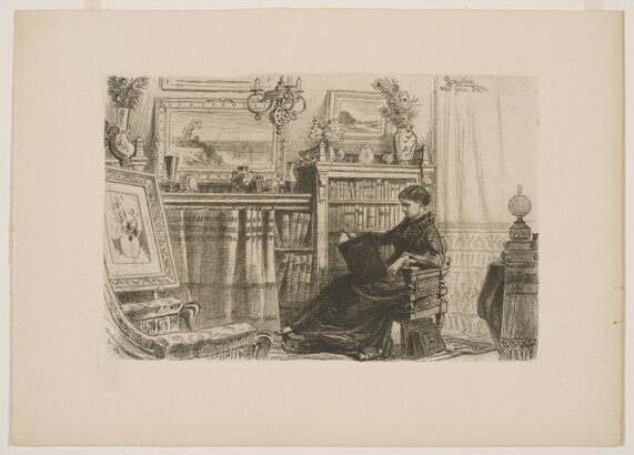 A black-and-white print of a young White woman seated in a home library reading a book.