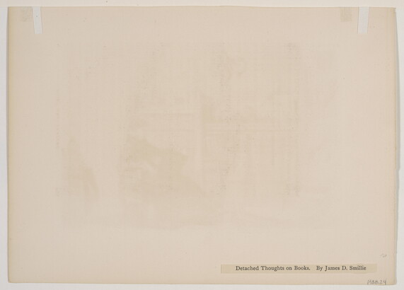 A black-and-white print of a young White woman seated in a home library reading a book.