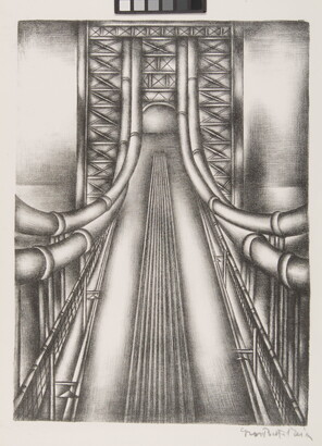 A black-and-white print of a suspension bridge from above looking at the cables to the tower.