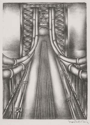 A black-and-white print of a suspension bridge from above looking at the cables to the tower.