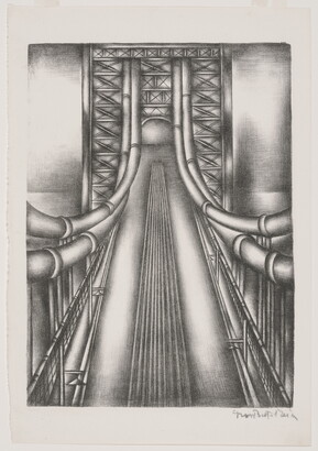 A black-and-white print of a suspension bridge from above looking at the cables to the tower.
