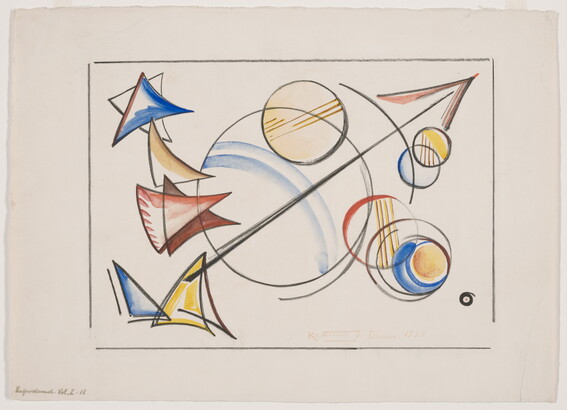 An abstract color print of circles and triangles in primary colors with black accents scattered across the paper.