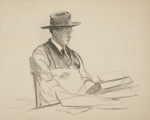 A black-and-white print of a White man wearing a wide-brimmed hat, glasses, vest and tie, writing at a desk.